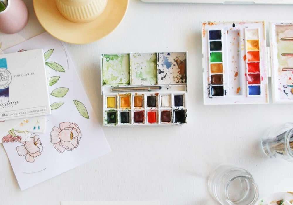 Watercolor cake kit, palette and papers